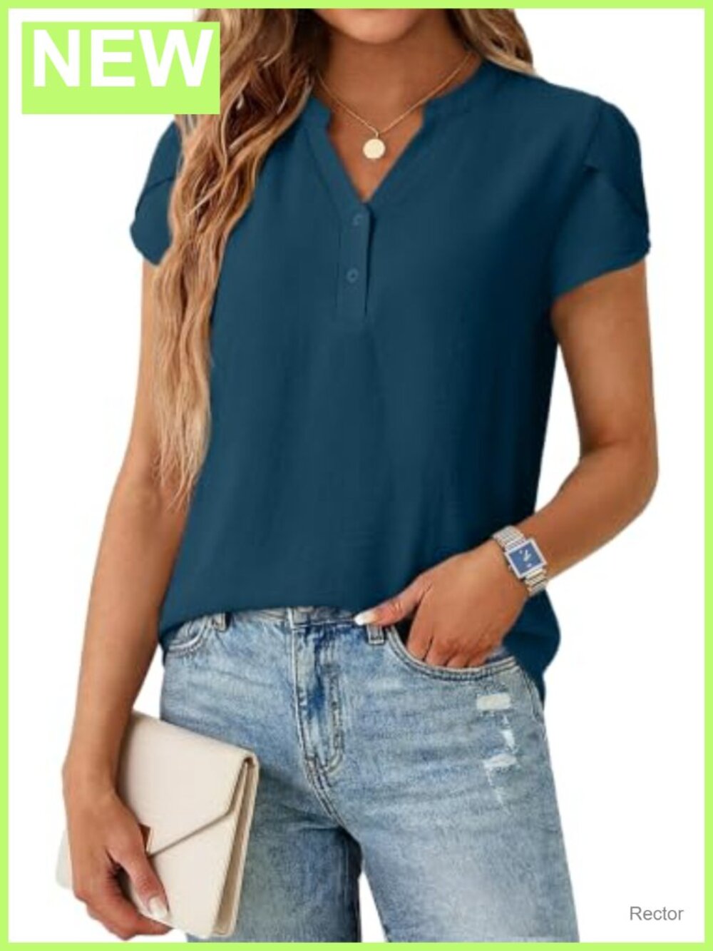 Women's Henley V Neck Cap Sleeve Blouse Dressy Casual Work Top